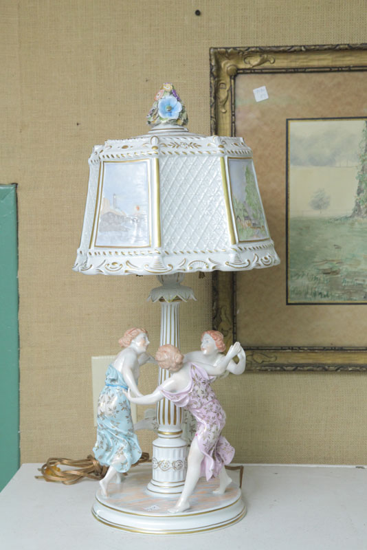 Appraisal: DRESDEN FIGURAL PORCELAIN LAMP Featuring three dancing muses encircling a