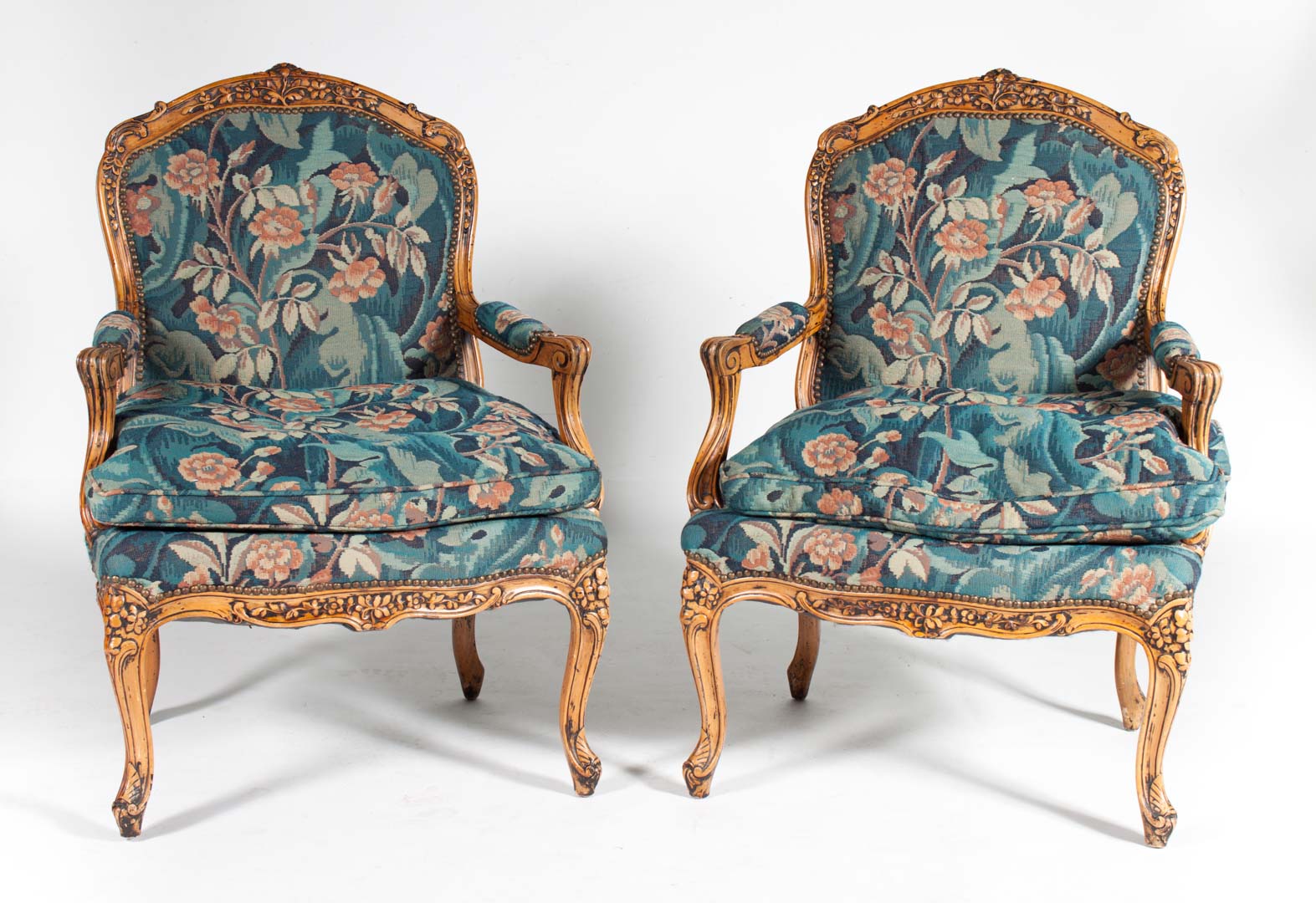 Appraisal: Pair of Louis XV style painted wood fauteuils early th