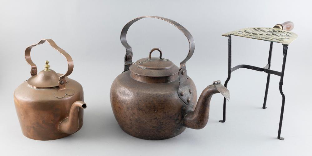 Appraisal: TWO HANDMADE COPPER TEA KETTLES AND A BRASS AND IRON