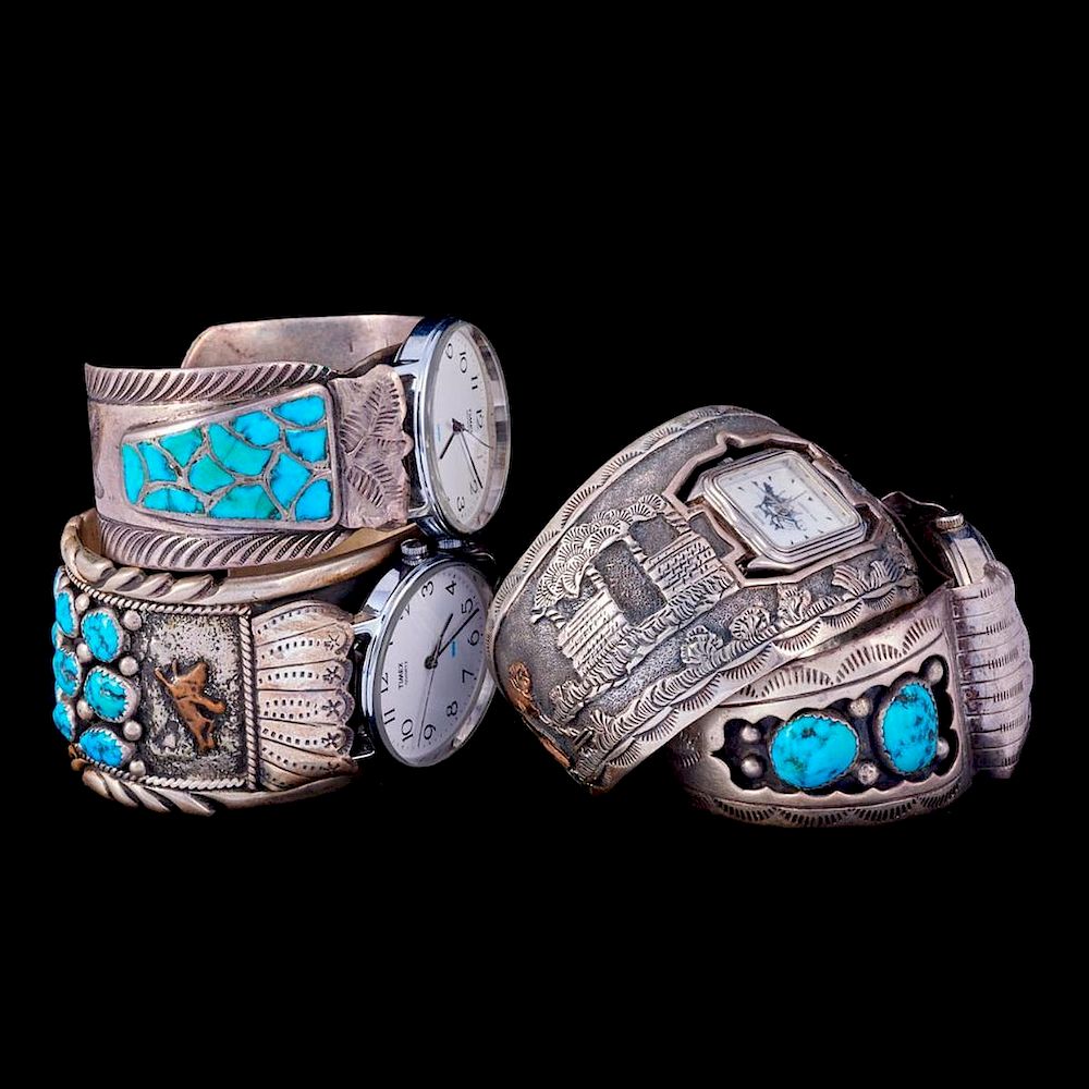 Appraisal: NAVAJO WATCH CUFF BRACELETS Four Old Pawn Southwest turquoise silver