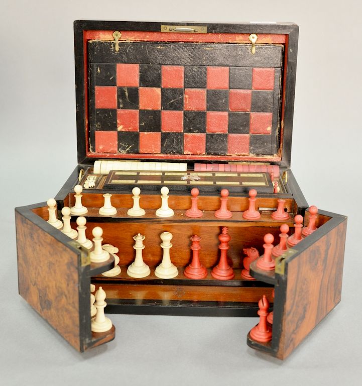 Appraisal: Burlwood traveling game box with bone chess checkers dominoes cribbage