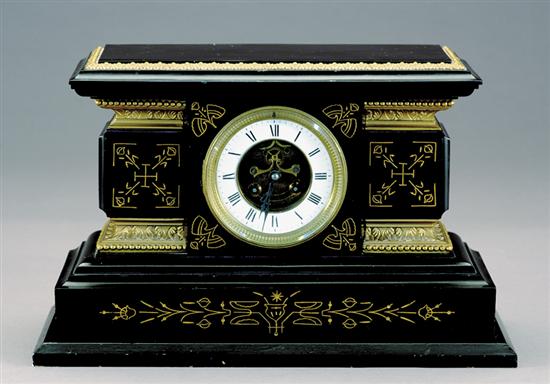 Appraisal: French metal and wood mantel clock molded top over rectangular