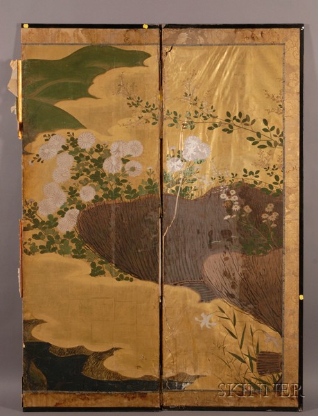 Appraisal: Four-Panel Folding Screen Japan th century flowers on a gold