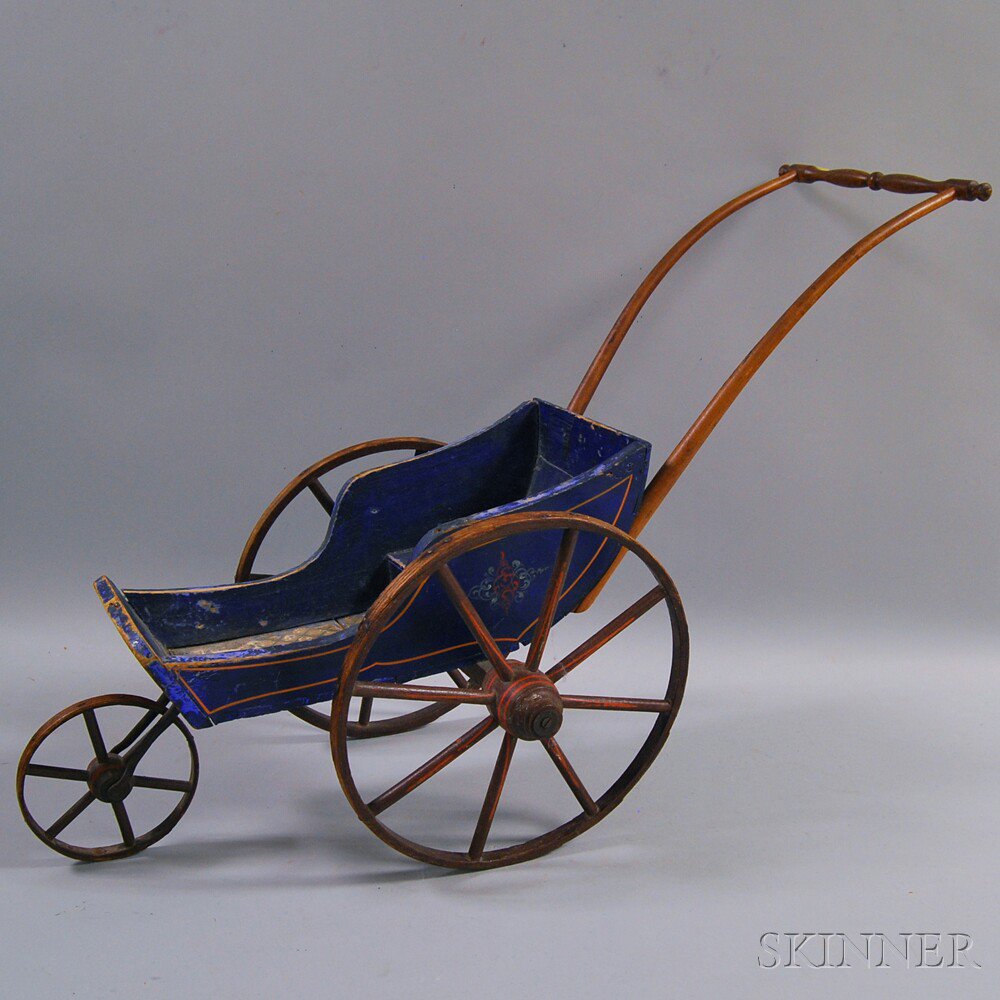 Appraisal: Blue-painted and Decorated Wooden Doll Carriage America late th century