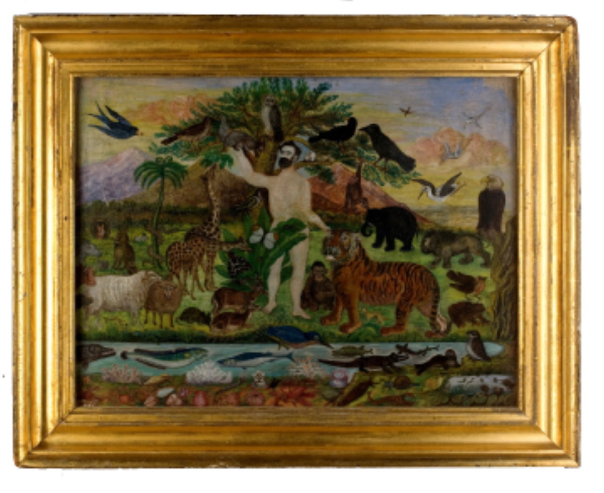 Appraisal: AMERICAN OR ENGLISH PAINTING OF ADAM NAMING THE ANIMALS CIRCA