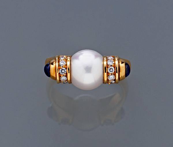 Appraisal: A cultured pearl diamond and sapphire ring Bulgari Italy signed