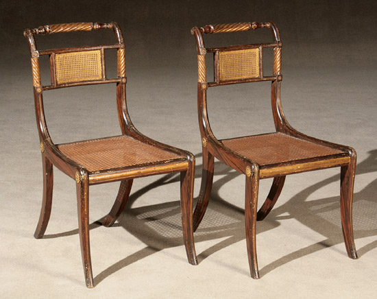 Appraisal: Pair of Regency Parcel-Gilt Grain Painted Beechwood Caned Side Chairs