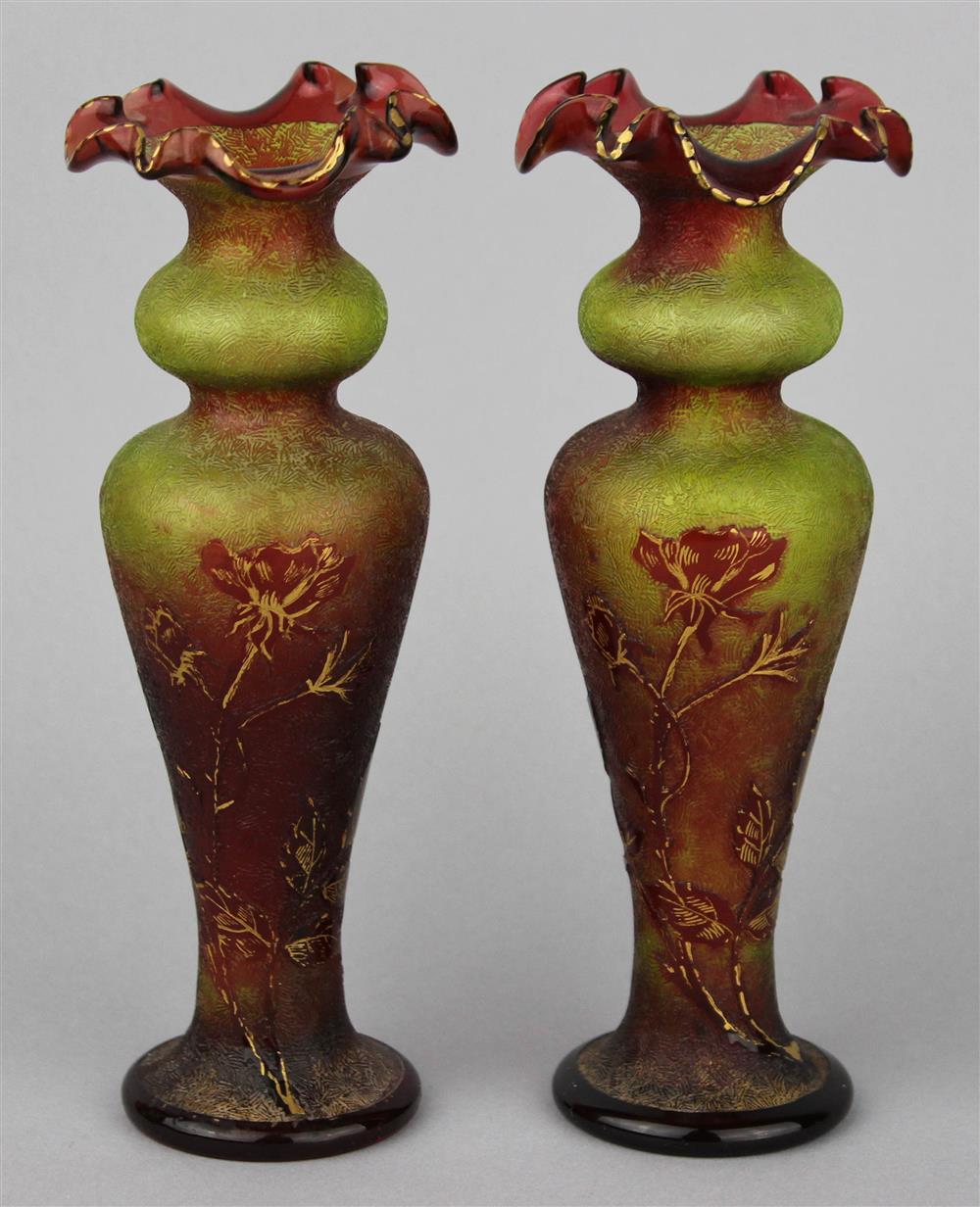 Appraisal: PAIR OF BACCARAT RED ON GREEN CAMEO GLASS VASES stenciled