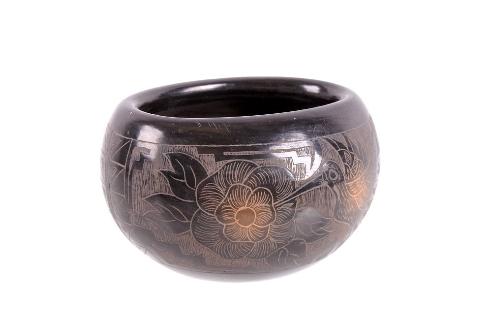 Appraisal: Santa Clara Black on Black Etched Pottery Vessel For your