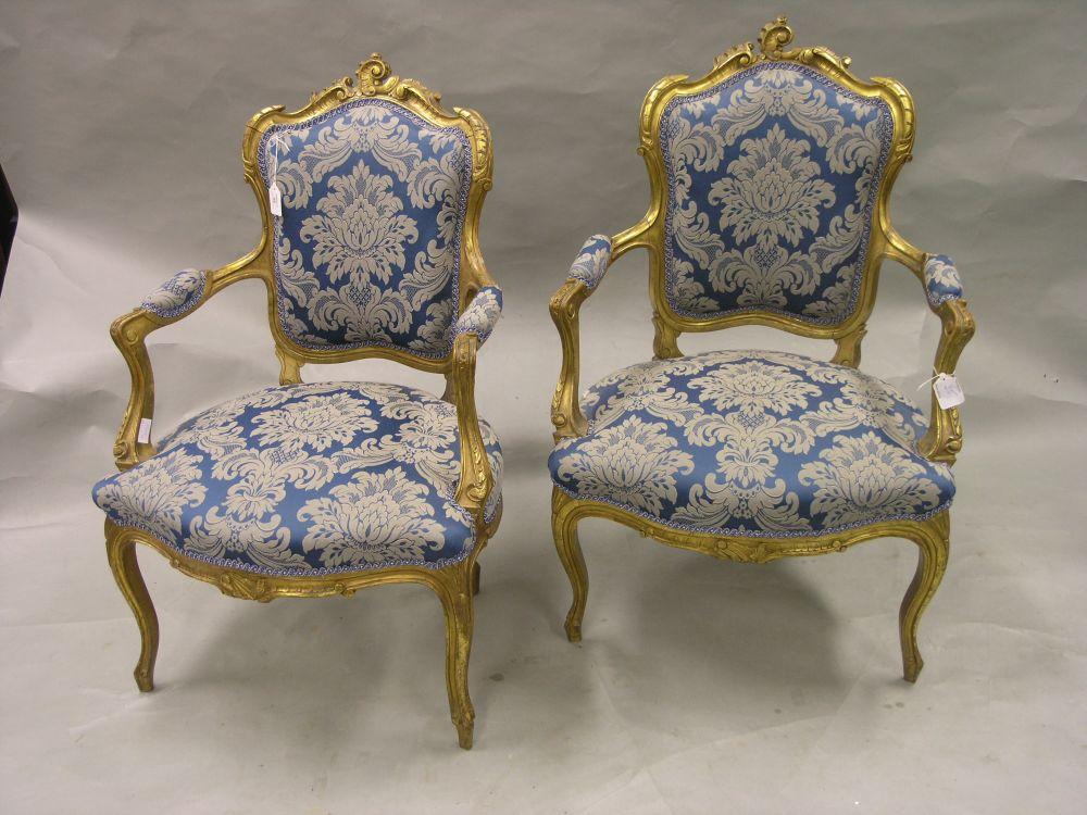 Appraisal: A good pair of late th century French giltwood armchairs