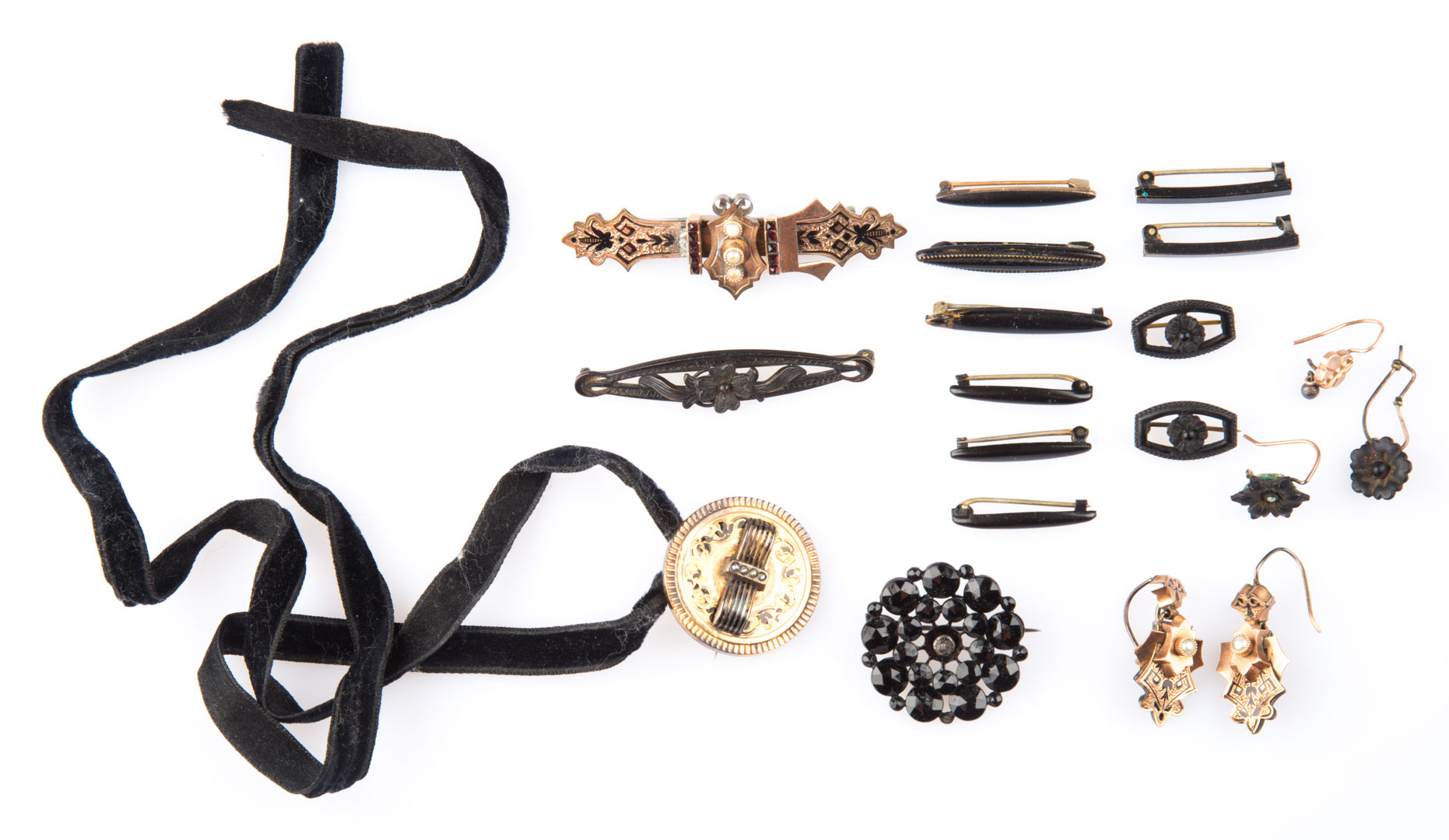 Appraisal: A Collection of Mourning Jewelry With pins earrings black crystals