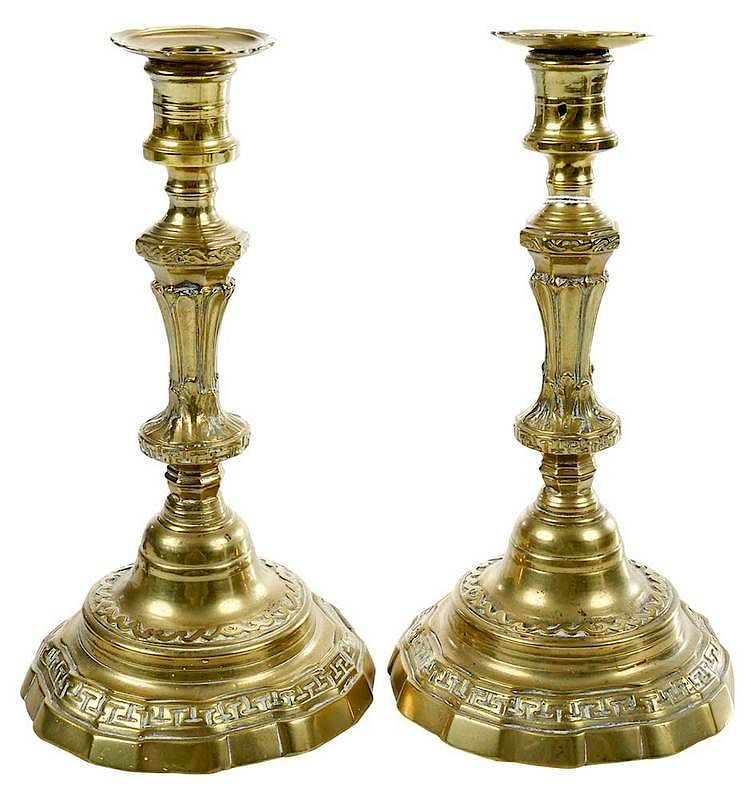 Appraisal: Pair th Century Brass Candlesticks French or British knopped standard