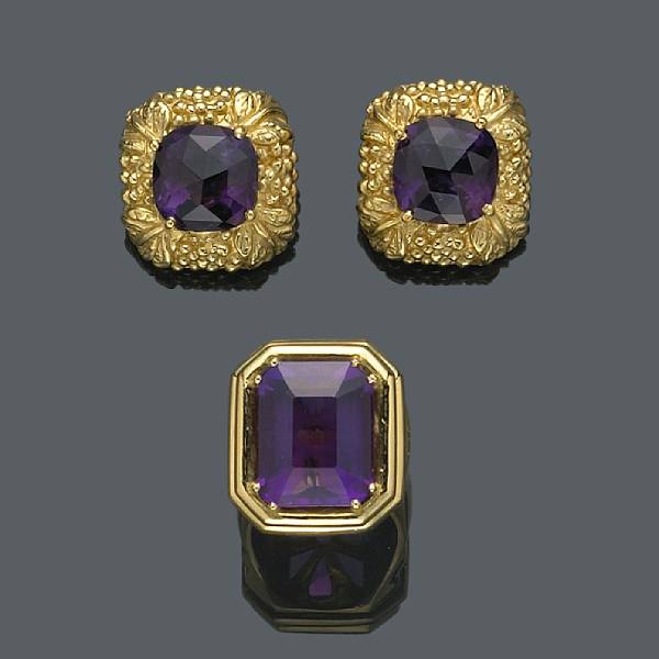 Appraisal: A pair of amethyst clip-earrings and ring mounted in eighteen