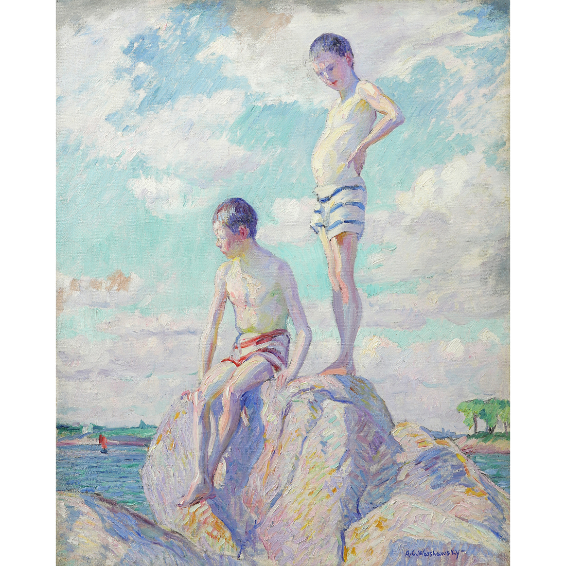 Appraisal: PAINTING ABEL WARSHAVSKY Abel Warshavsky American - Sun Worshippers Boys