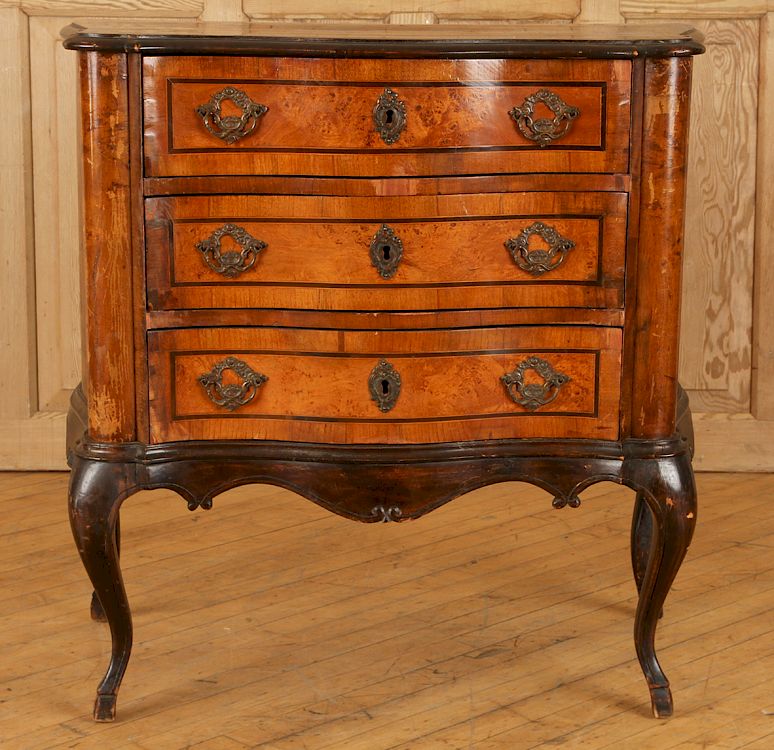 Appraisal: ITALIAN WALNUT THREE DRAWER COMMODE SHAPED FRONT An Eighteenth Century