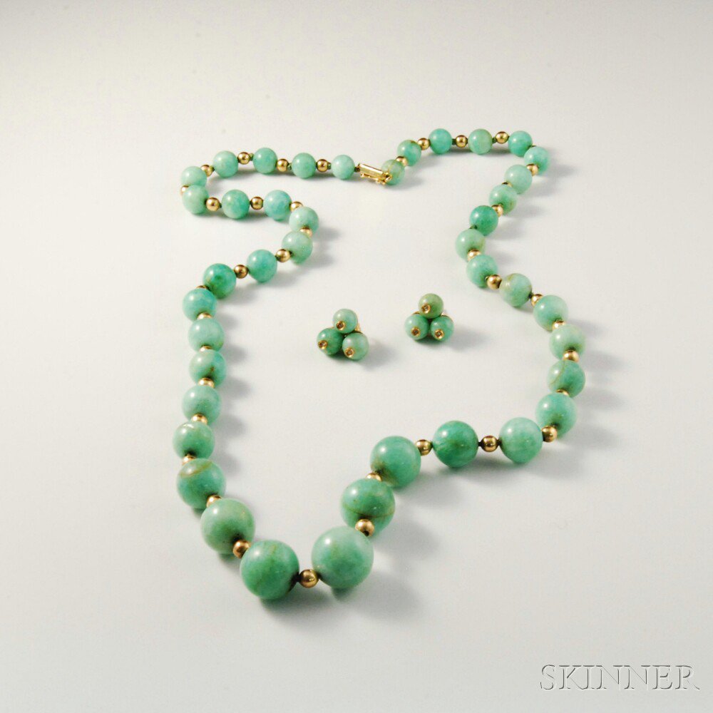 Appraisal: kt Gold and Jade Beaded Necklace and Earrings graduated jade