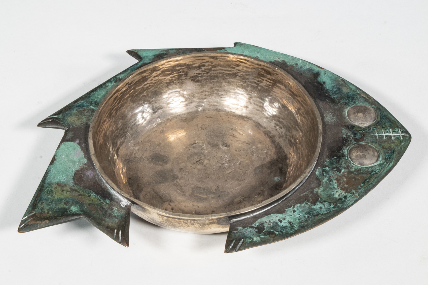 Appraisal: MEXICAN MIXED METAL BOWL Modernist Design Copper Edged Silver-Plate Fish