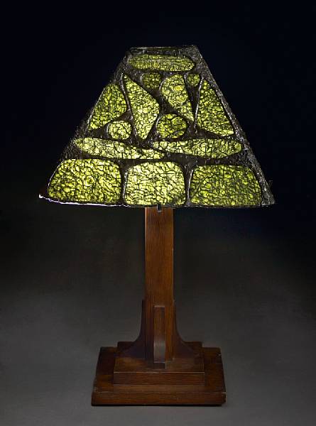 Appraisal: Peridot-in-Matrix Lampshade on Wooden Base Fabricated by Julie Rauschenberger Seattle