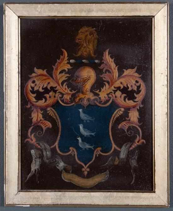 Appraisal: German painted coat of arms oil on chip board framed