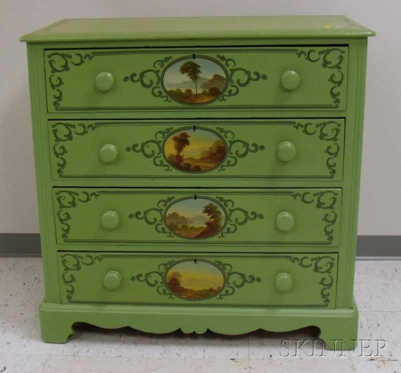 Appraisal: Green-painted Victorian Cottage Four-Drawer Bureau with Painted Landscape Decorated Drawer-fronts