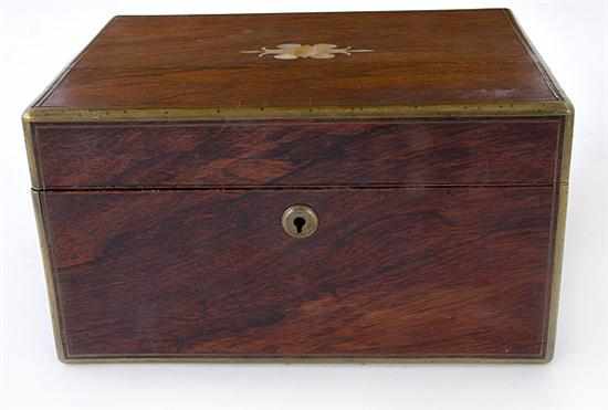 Appraisal: English brass-bound rosewood sewing box third quarter th century hinged