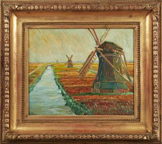 Appraisal: Leblanc Windmills Along the River th c oil on masonite