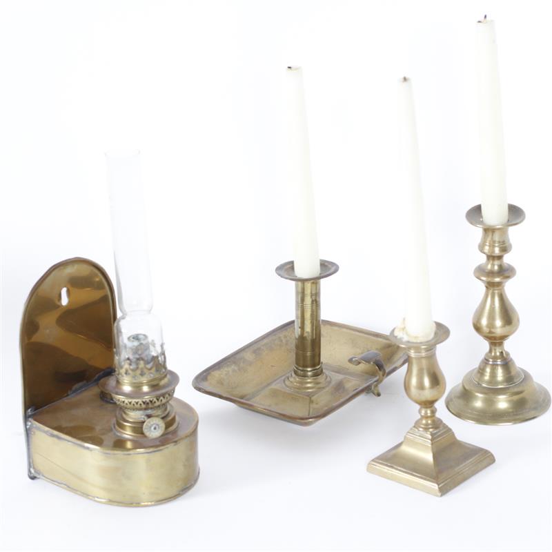 Appraisal: Four piece Three brass candlesticks and brass oil lamp H