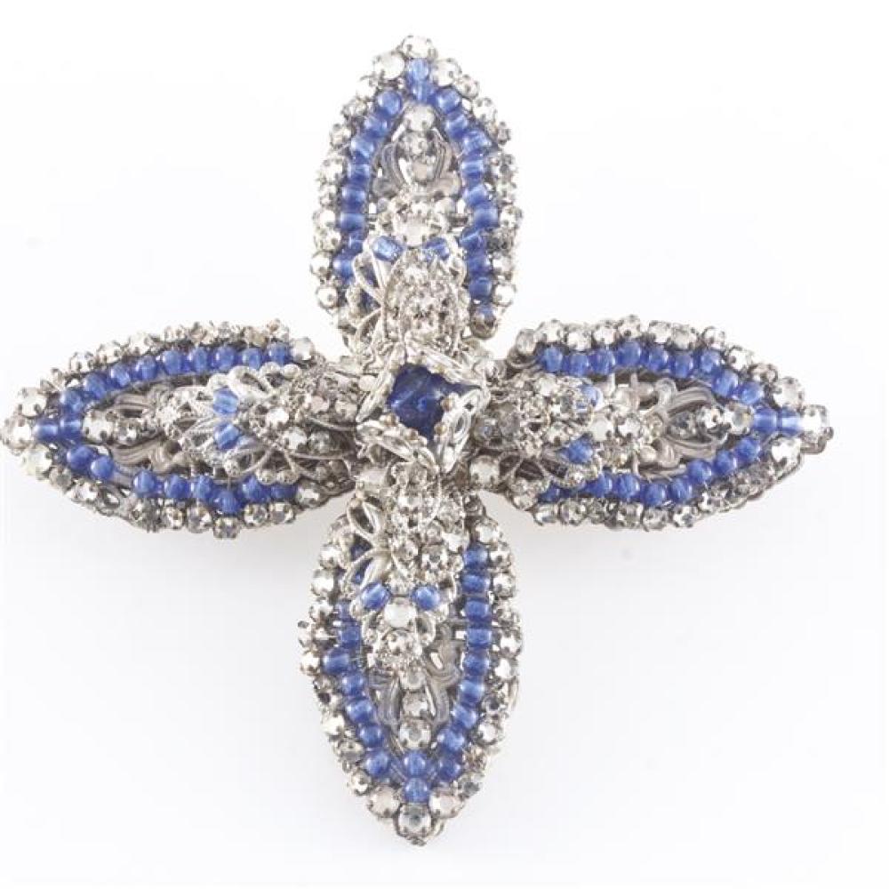 Appraisal: SIGNED MIRIAM HASKELL BLUE BEADED CROSS PIN WITH SILVER FILIGREE