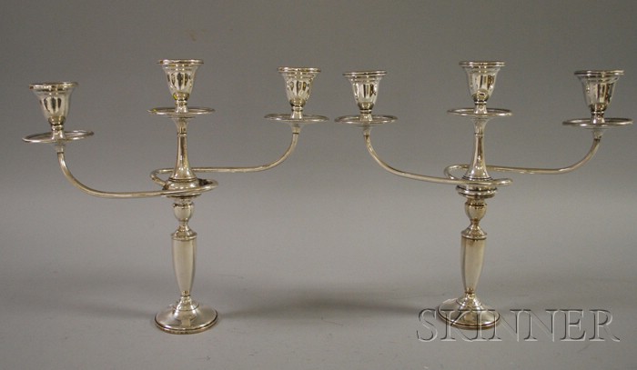 Appraisal: Pair of Weighted Sterling Silver Three-Light Candelabra ht in