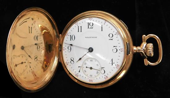 Appraisal: JEWELRY K yellow gold Waltham hunting case pocket watch with