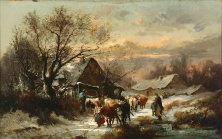 Appraisal: E Blasset Possibly French th Century Winter Landscape with Cattle