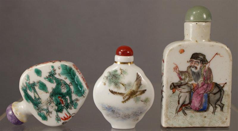 Appraisal: Famille Verte porcelain snuff bottles various dragon landscape decoration amethyst