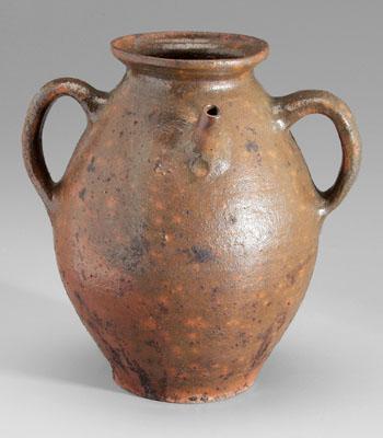 Appraisal: Two-handled redware batter jug ovoid with double strap handles flanking