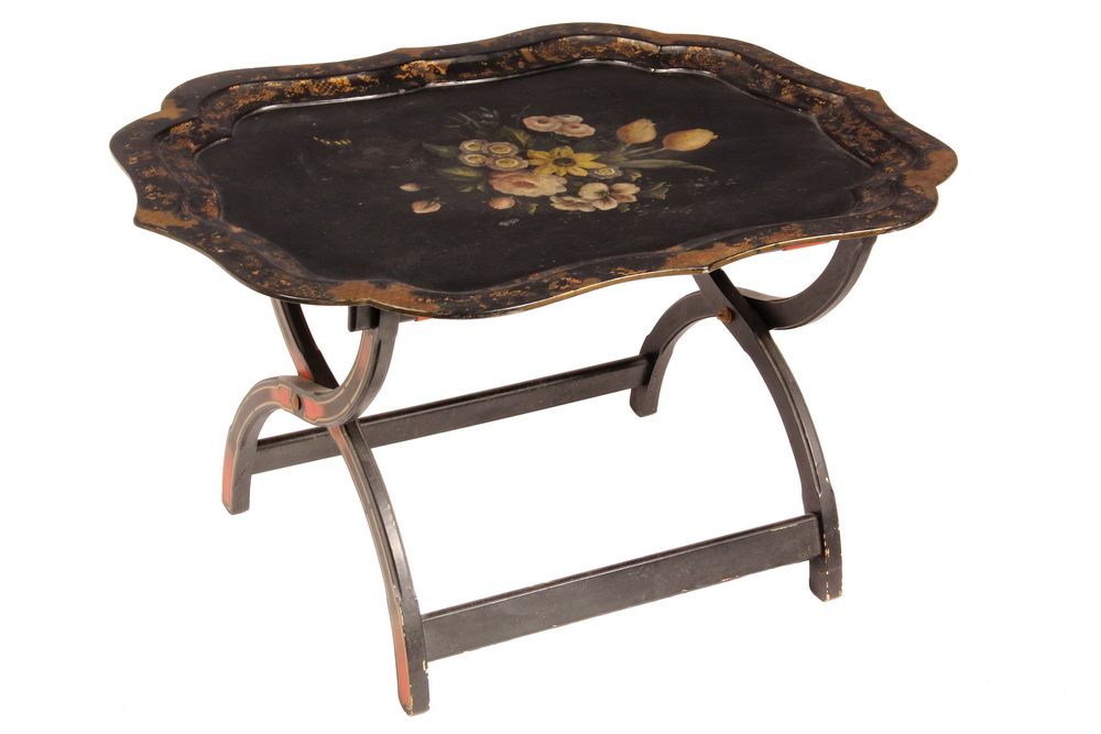 Appraisal: PAPIER MACHE TRAY ON STAND - Victorian Tole Painted Tray