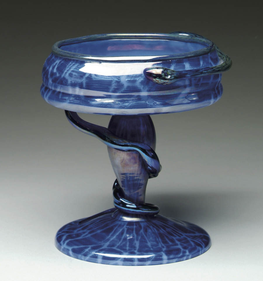 Appraisal: LOETZ ART GLASS COMPOTE Mottled blue glass with applied iridescent