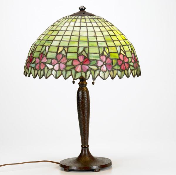 Appraisal: HANDEL Table lamp with a leaded glass shade banded with