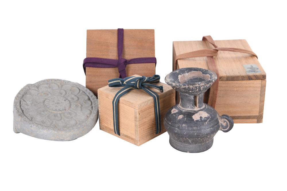 Appraisal: GROUP OF SMALL ASIAN AND ARCHAIC STYLE VESSELSthree with boxes