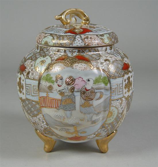 Appraisal: Footed Nippon Biscuit Jar With Japanese Satsuma scene Heavy ribbed