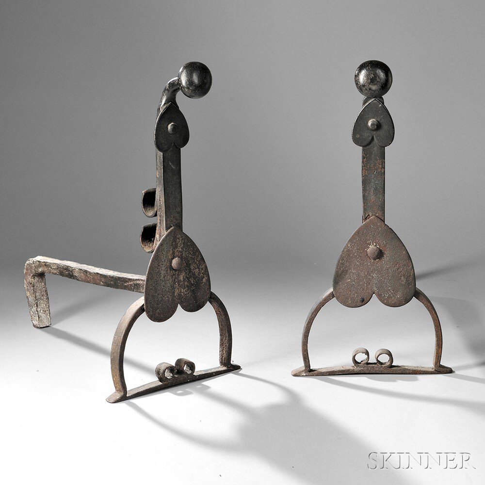 Appraisal: Wrought Iron Heart-decorated Andirons with Spit-hooks America late th early