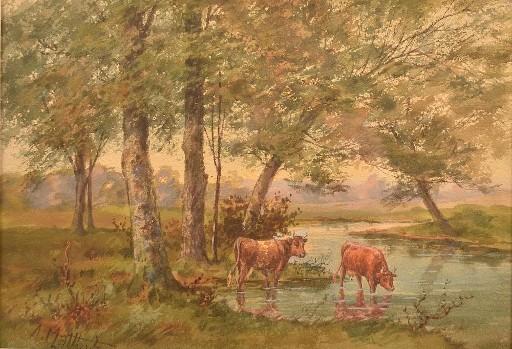 Appraisal: A Matthews Cattle in Stream Watercolor Watercolor on Paper Painting