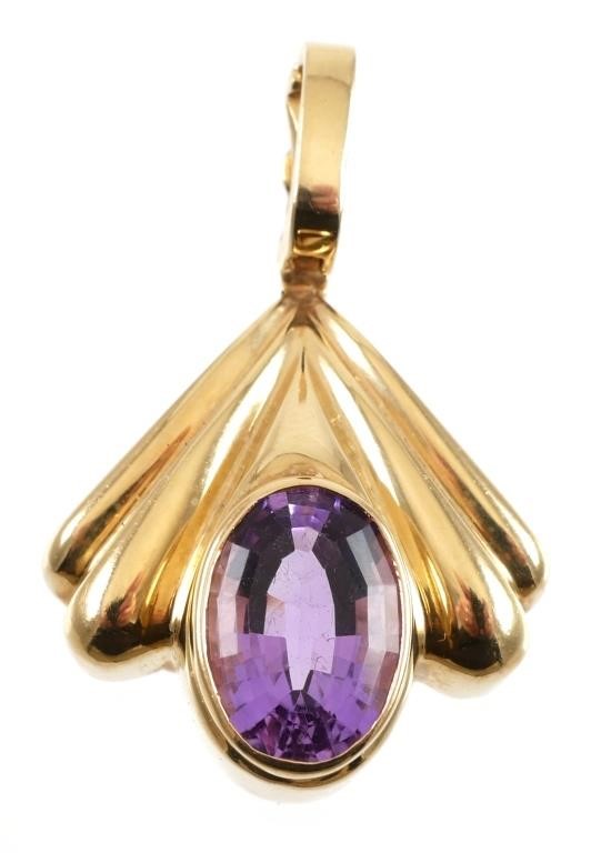 Appraisal: Bold amethyst mounted in k gold modern pendant Measures -