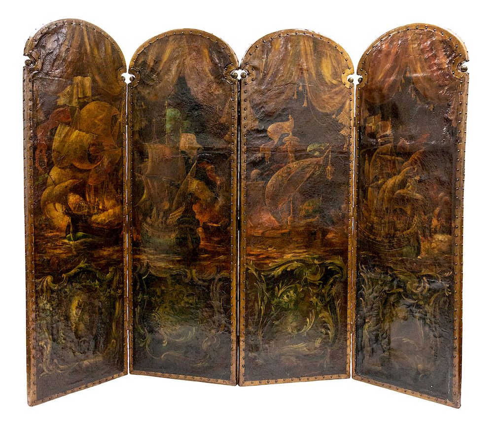 Appraisal: A FOUR-PART CONTINENTAL STYLE PAINTED LEATHER SCREEN TH CENTURY A