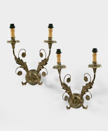 Appraisal: Pair of Italian Provincial Cut- and Wrought-Iron Two-Light Appliques second