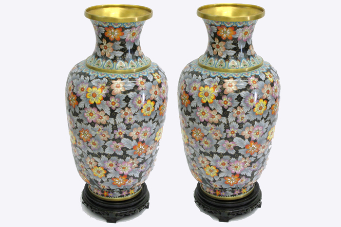 Appraisal: PAIR CLOISONNE ENAMEL JAR-SHAPED FLOOR VASES Each having colorful all-over