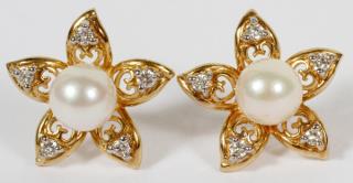 Appraisal: DIAMOND AND PEARL EARRINGS PAIR DIAMOND AND PEARL EARRINGS PAIR