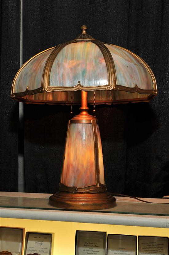 Appraisal: SLAG GLASS TABLE LAMP Brass lamp of tapered form with