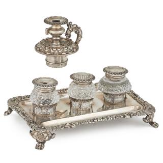 Appraisal: REGENCY IRISH SILVER INKSTAND Footed with scrolling border and claw