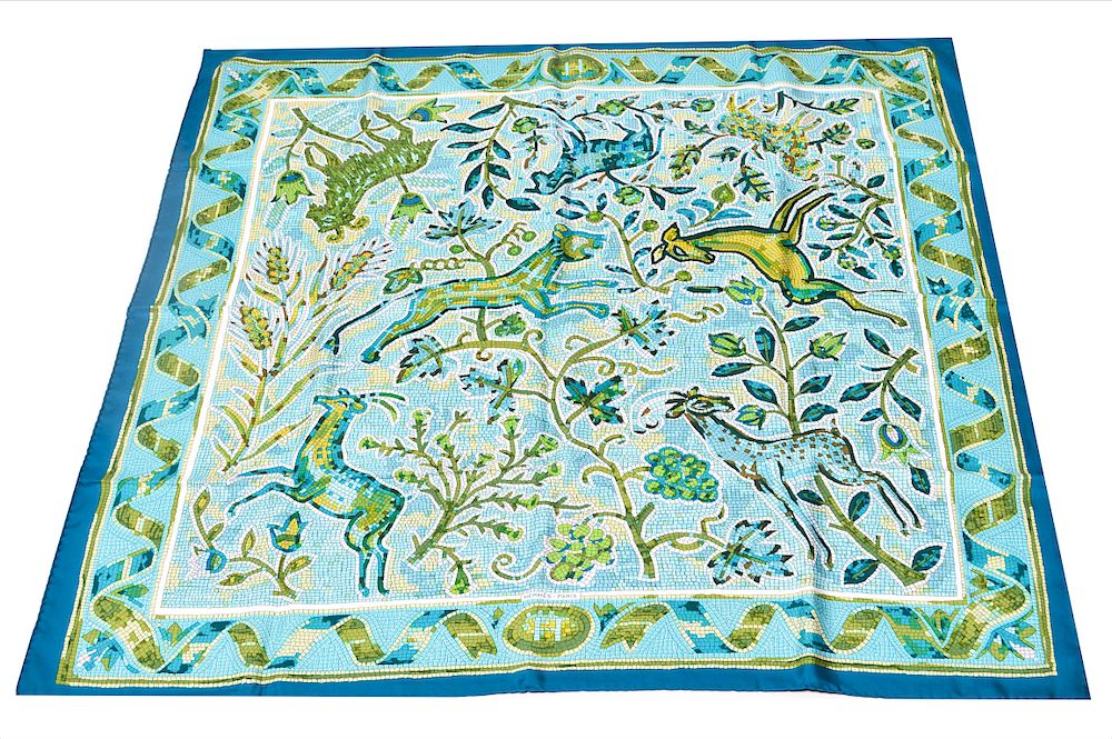 Appraisal: Hermes Mosaic Silk Scarf Hermes silk scarf depicting mosaic with