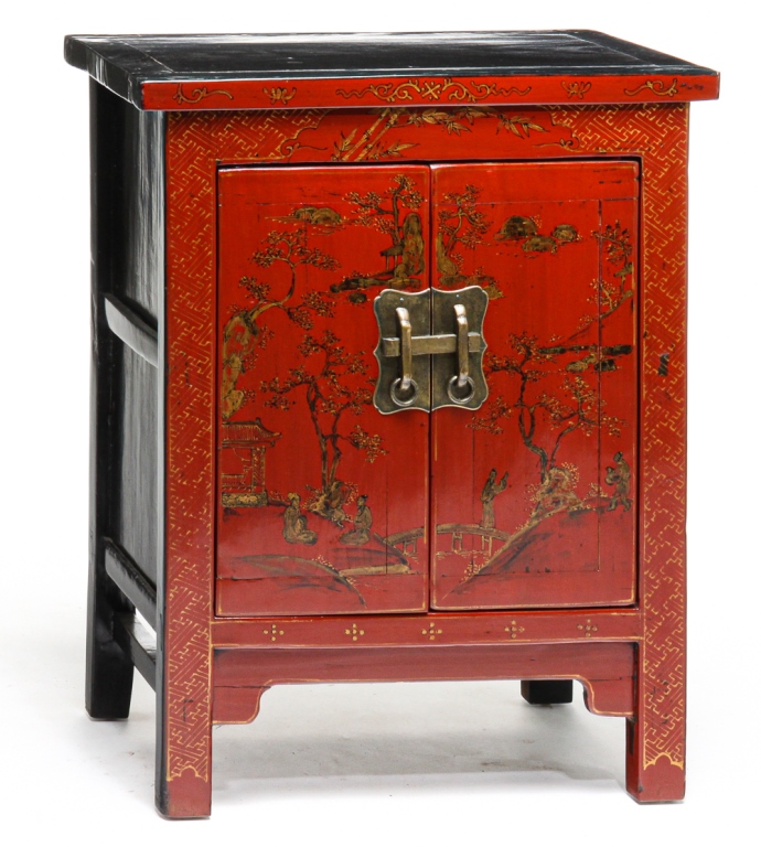 Appraisal: CHINESE DECORATED END CABINET Late th century Mortised construction with