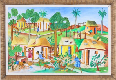 Appraisal: Haitian village genre scene oil on board x SLR Original